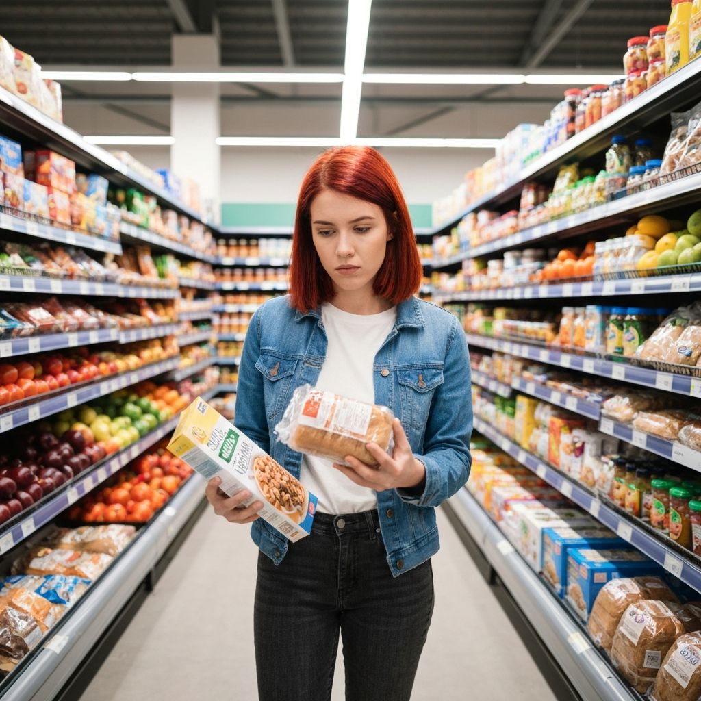 Person considering options in a grocery store aisle